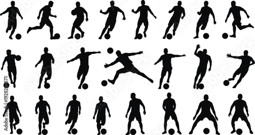 Soccer player silhouettes set showing football dribbling kicking running actions isolated black athlete figures for sport training illustration vector design