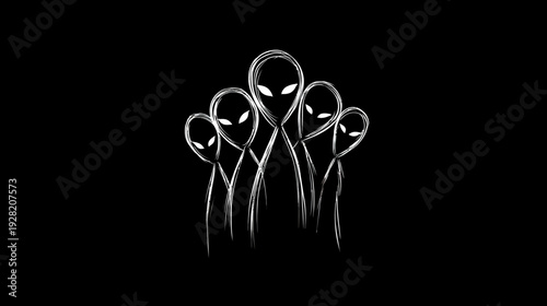 Mysterious group of extraterrestrial aliens with glowing eyes on black, sci-fi unknown cosmos concept, minimalist line art