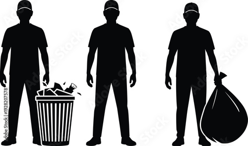 Garbage collector worker silhouettes with trash can and bag, sanitation service vector illustration isolatedGarbage collector worker silhouettes with trash can and bag 