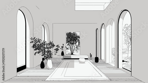 Contemporary minimalist interior design drawing with arched windows, natural light, and green plants, monochrome style