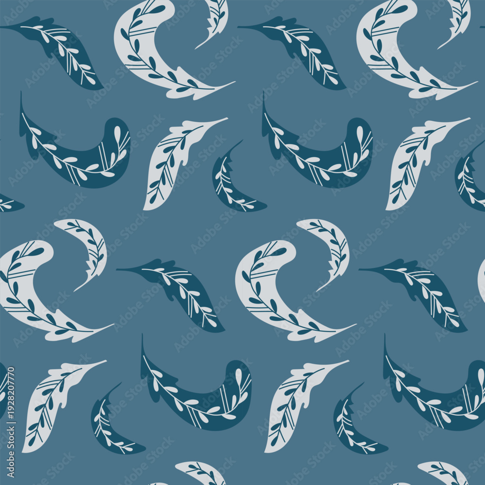 Obraz premium Seamless wedding pattern with abstract wave and leaf ornament in blue tone vector illustration. Romantic decoration concept symbolizing love harmony elegance and celebration
