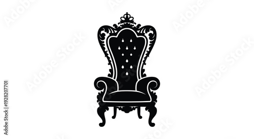 Elegant ornate throne chair presented as a refined black and white regal silhouette, detailed ornamental backrest and legs, classic aristocratic seating concept, bold minimalist monochrome