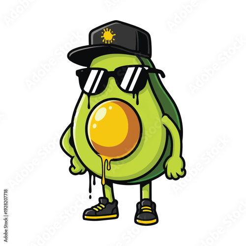 Cool avocado character wearing sunglasses and a black cap with dripping yolk. Trendy graffiti style vector mascot for streetwear, stickers, and creative food branding.