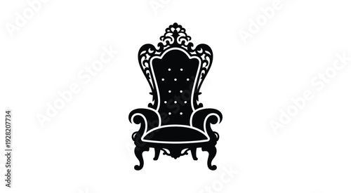 Elegant ornate throne chair in black and white, regal silhouette with intricate carved details and curved armrests, luxurious royal furniture illustration, dramatic high contrast monochrome design