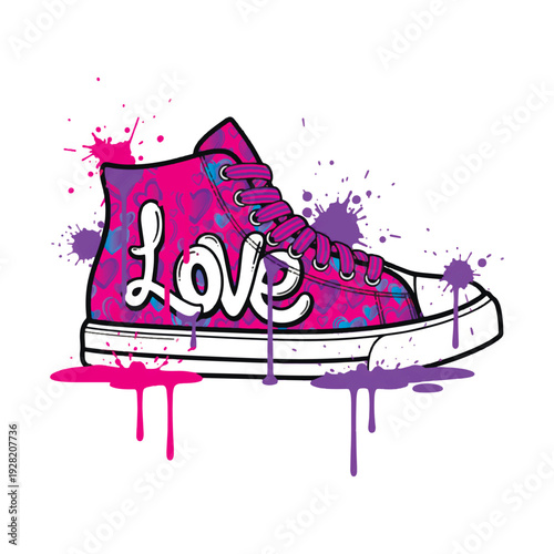 Stylish pink and purple sneaker with Love lettering and  liquid paint splashes. Trendy vector illustration in graffiti style with heart patterns, perfect for fashion prints and stickers.