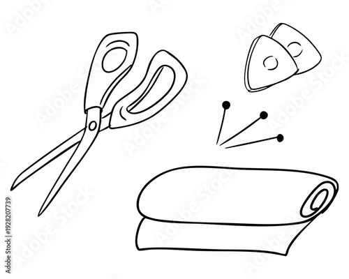 Sewing set with scissor thread spool needle and thimble in outline hand drawn vector illustration. Hobby craft concept symbolizing tailoring handmade creativity and workshop