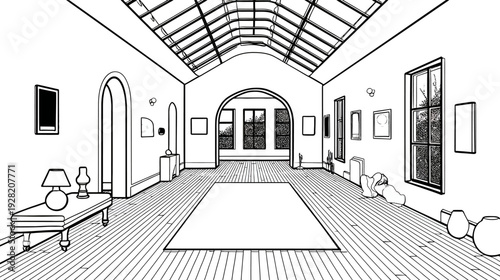 Detailed line art illustration of an empty, spacious art gallery or museum hall interior with skylight, blank frames, and windows.