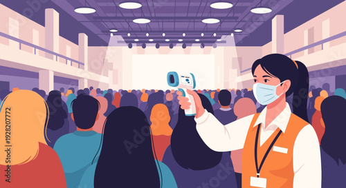 Woman Wearing Mask Scanning People with Thermometer.