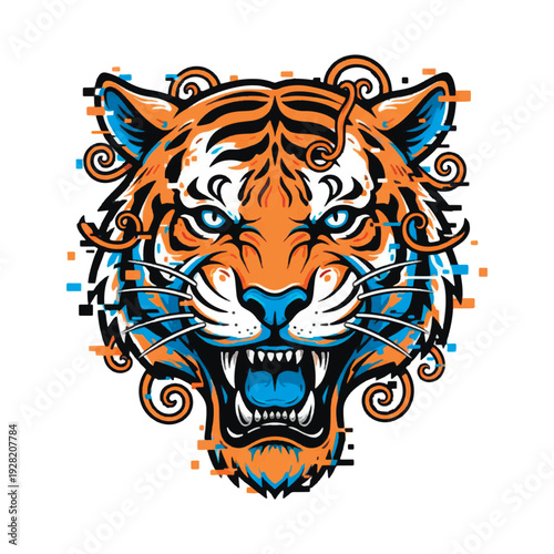 Aggressive tiger head vector with glitch effects and blue neon accents. Fierce predator mascot in modern street art style for gaming logos, esports, and trendy apparel design.