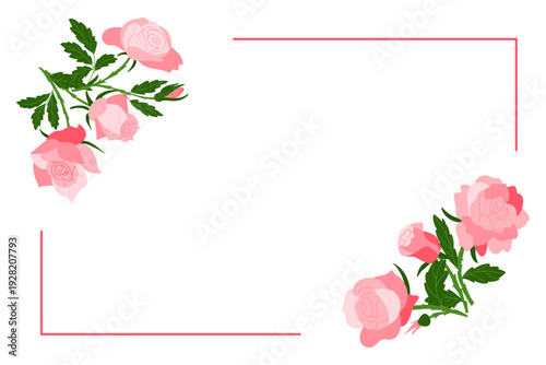 Rose banner with pink flower bouquet and rectangular frame in flat vector illustration isolated on white background. Floral decoration concept symbolizing romance wedding greeting