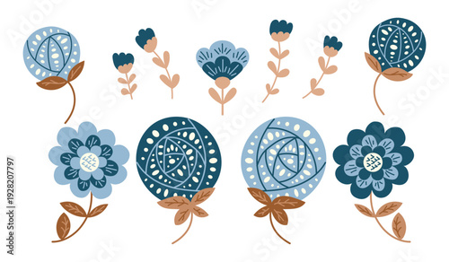 Folk flower set with decorative blossom and leaf in blue tone vector illustration isolated on white background. Botanical ornament concept symbolizing nature tradition harmony and design