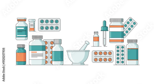Pharmacy Medicine Bottles Blister Packs and Mortar Pestle Vector Illustration