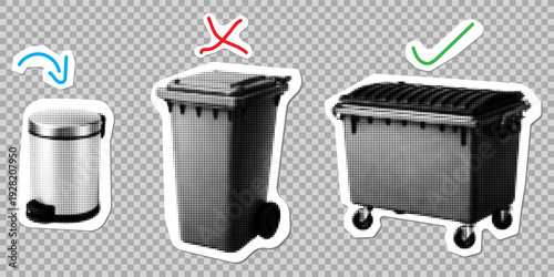 Set of halftone sticker icons of various trash bins and garbage containers with check, cross, and arrow symbols for waste management and recycling concepts