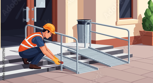 Worker Installing Metal Ramp for Accessibility.