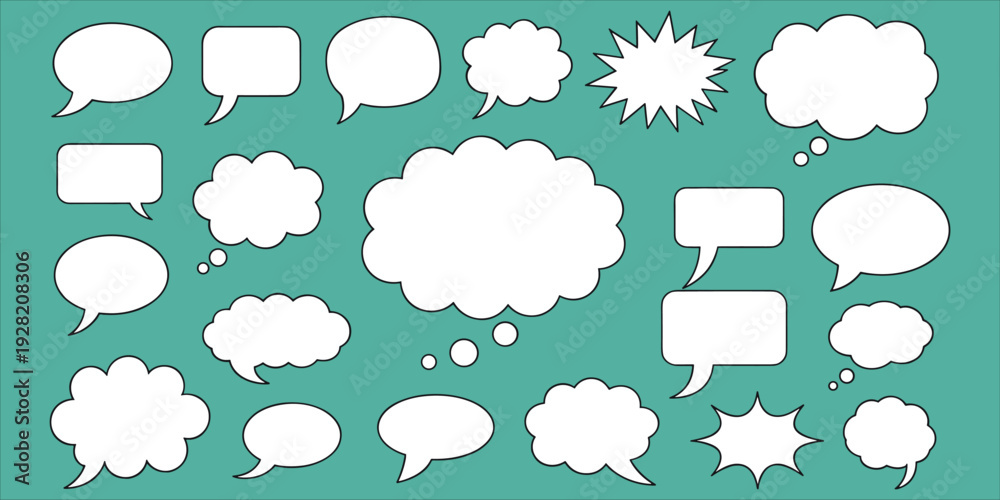 Obraz premium Assortment of white speech bubbles and thought clouds on teal background thought bubble outline
