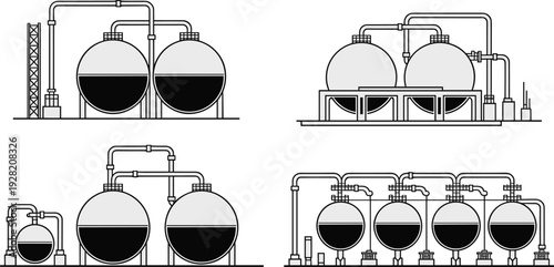 Industrial oil refinery tanks and pipeline system vector illustration, petrochemical plant storage infrastructure design