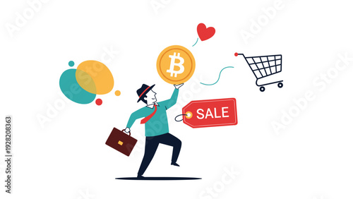 Businessman balances a large bitcoin coin on one hand while surrounded by retail icons, representing cryptocurrency commerce and finance trends.