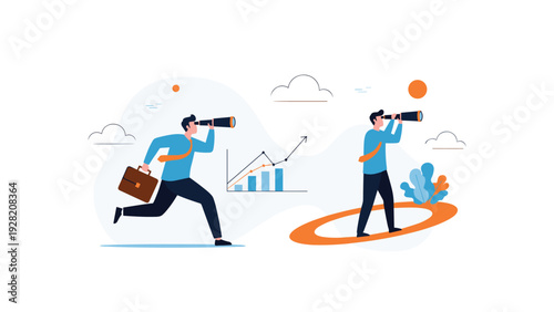 Two business professionals use telescopes to look in different directions, illustrating strategic market forecasting, visionary planning, and outlook.