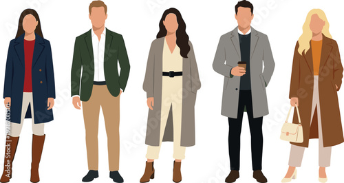 Flat vector set of fashionable men and women wearing stylish autumn winter coats, business casual outfits for seasonal fashion