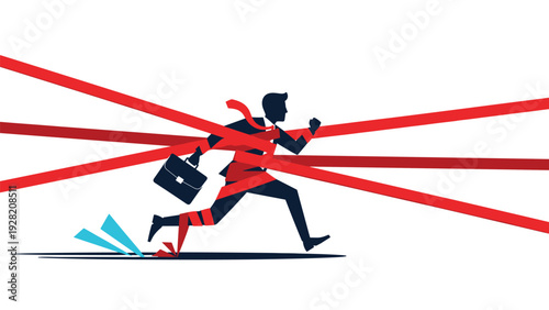 Businessman runs through a complicated web of red tape while carrying a briefcase, representing bureaucracy, regulatory hurdles, and persistence.