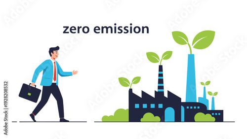 Professional man walks toward a modern factory with green leaves growing from chimneys, representing eco-friendly industry and zero emissions.