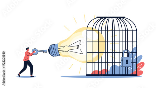 Man uses a blue key to unlock a giant glowing light bulb trapped inside a metal cage, representing creative freedom, innovation, and breakthrough.