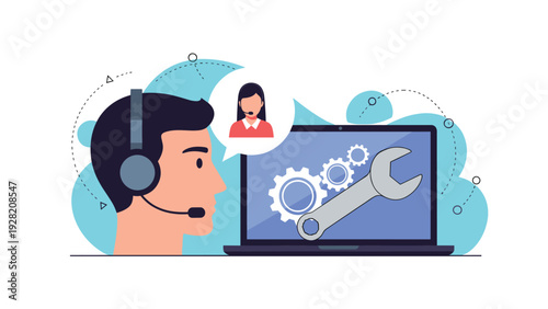 Customer support agent with headset next to a laptop showing gears and a wrench, representing technical assistance, online repair, and service.