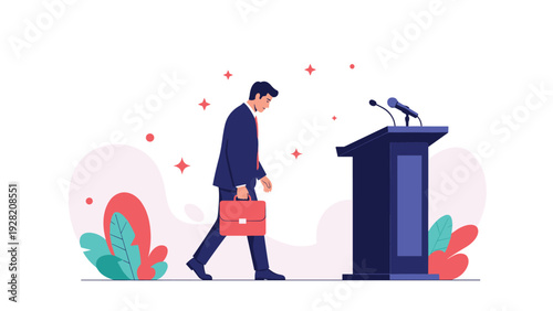 Businessman walks away from a conference podium with his head down, representing failure, public speaking disappointment, or losing an election.
