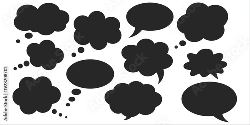 Assortment of black solid speech bubbles and thought clouds on white thought bubble silhouette