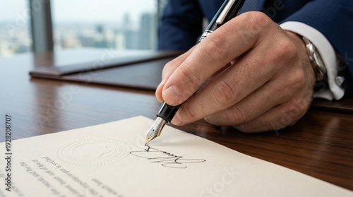 Businessman in a suit signing an official document with a fountain pen on a wooden desk, with a cityscape visible through a large window in the background