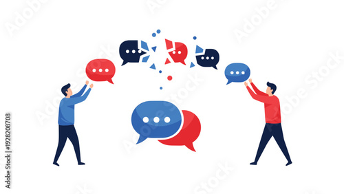Two businessmen breaking speech bubbles apart to symbolize clear communication, resolving conflict, and effective dialogue in business.
