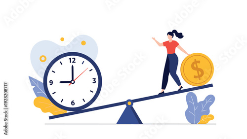 Businesswoman balancing time and money on a seesaw, representing work-life balance, time management, and financial stability.