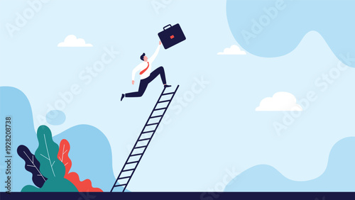 Ambitious businessman leaping from a ladder to reach his goals, symbolizing career advancement, risk-taking, and professional achievement.