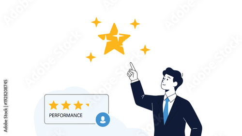 Professional man pointing at a bright yellow star, representing high performance, excellence, and achievement in a corporate setting.