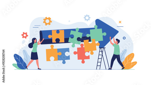 Team of professionals assembling an arrow made of puzzle pieces, symbolizing collaboration, strategic planning, and problem-solving.
