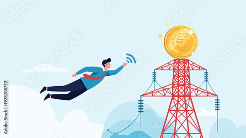 Visionary businessman flying toward a giant euro coin on an electric pylon, symbolizing energy market investment and financial goals.