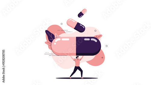 Strong person carrying a giant medicinal capsule, representing the pharmaceutical industry, healthcare challenges, and medical innovation.