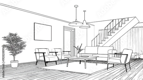 Modern Living Room Interior Line Art Sketch Illustration. Contemporary Home Design with Sofa, Armchairs, and Stairs