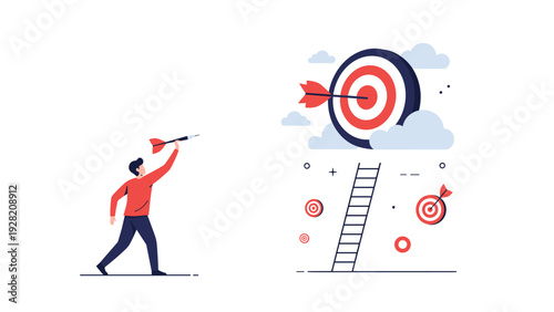 Ambitious man throwing a dart at a high target on a ladder, symbolizing goal setting, precision, and striving for professional success.