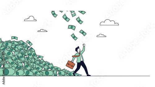 Successful businessman walking happily next to a huge pile of money with bills falling from the sky, representing wealth and profit.