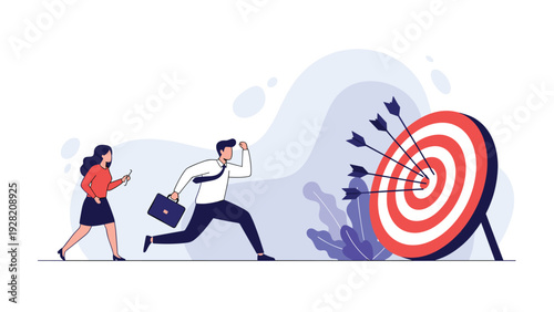 Businessman and woman running toward a target full of arrows, symbolizing competition, shared goals, and high performance achievement.