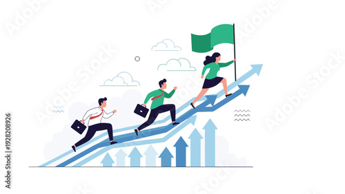Team of business professionals running up rising arrows with a green flag, representing leadership, team success, and growth strategy.