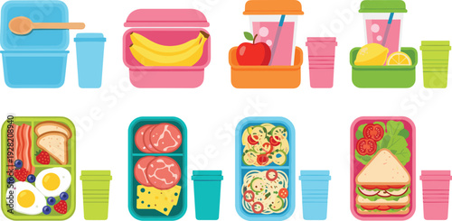 Set of healthy lunch box vector illustrations featuring various meal prep containers with sandwiches pasta salad fruit eggs and reusable beverage cups