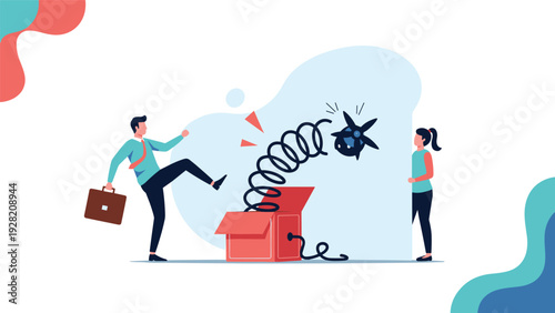 Businessman kicking a jack-in-the-box with a bomb inside, representing risk management, crisis prevention, and tackling hidden threats.
