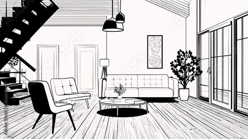 Modern black and white line art illustration of a spacious minimalist living room interior with contemporary furniture, large windows, and staircase.