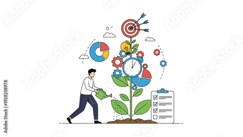 Professional watering a plant growing with business icons and targets, representing long-term investment, growth, and strategic planning.