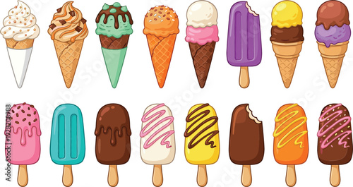 Colorful Ice Cream Cones and Popsicles Collection with Chocolate, Vanilla, Strawberry and Caramel Flavors in Cute Cartoon Style