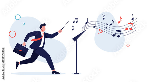 Businessman conducting music notes coming from a stand, representing leadership, harmony, and coordination in a professional environment.