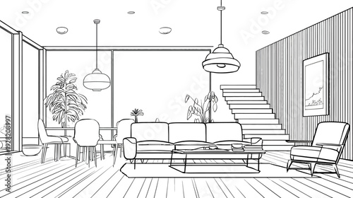 Modern Living Room and Dining Area Line Art Illustration. Contemporary Home Interior Design Sketch with Minimalist Furniture