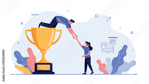 Person on a giant trophy reaching out to help another person climb up, symbolizing mentorship, support, and shared business success.